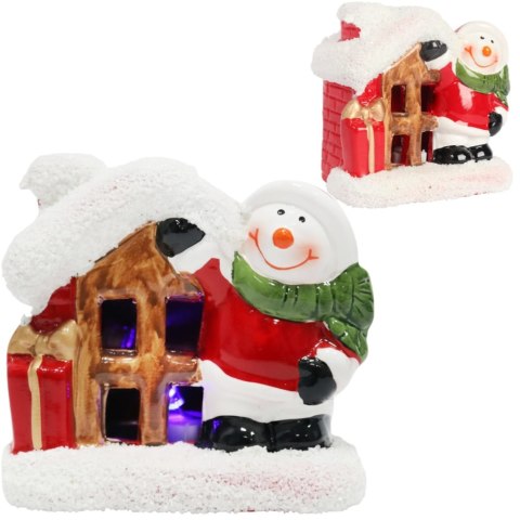 Ceramiczny domek LED z bałwankiem 9 cm